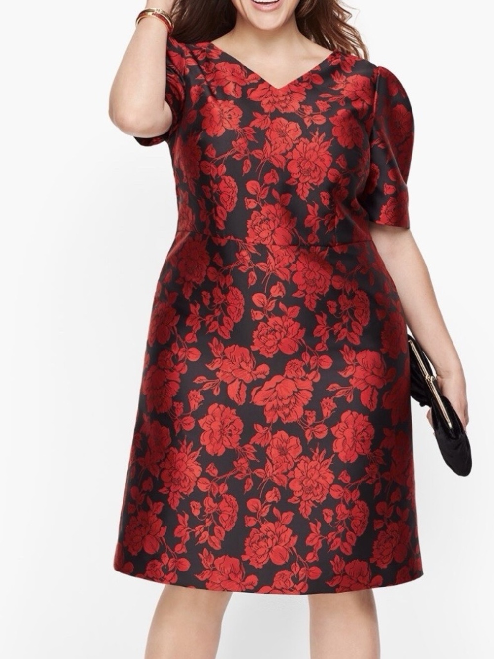 Talbots 16 Petite Red & Black Floral Jacquard A Line Dress Back Bow Wedding
